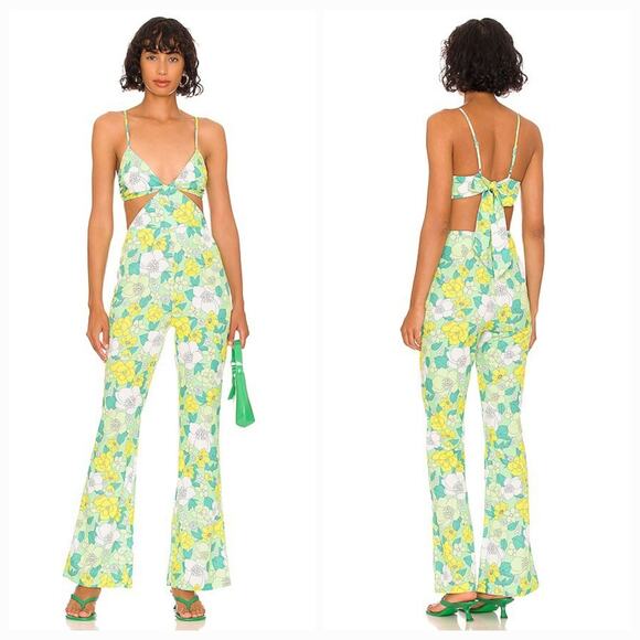 More to Come Pants - More to Come Sandy Flared Jumpsuit in Green Floral Medium